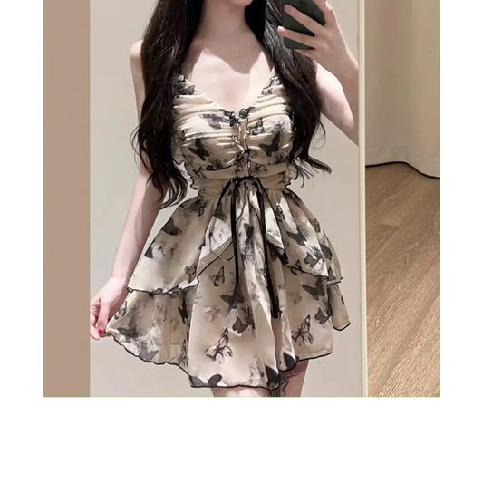 Butterfly Print One Piece Swimsuit – Vintage Ruffle Mini Dress Style