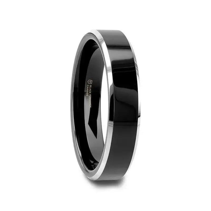 MACLAREN Black Polished Center Tungsten Wedding Band with Polished Gray Beveled Edges, 4mm–8mm