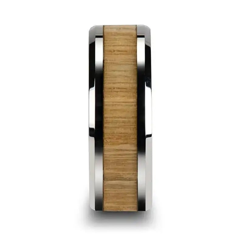 SAMARA Tungsten Ring with Polished Bevels and Real Wood Ash Wood Inlay - 6mm - 10mm