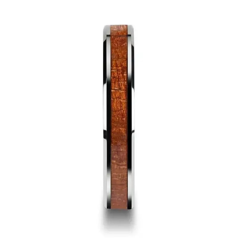 KHAYA Tungsten Band with Polished Bevels and Real Hardwood Mahogany Inlay - 4mm