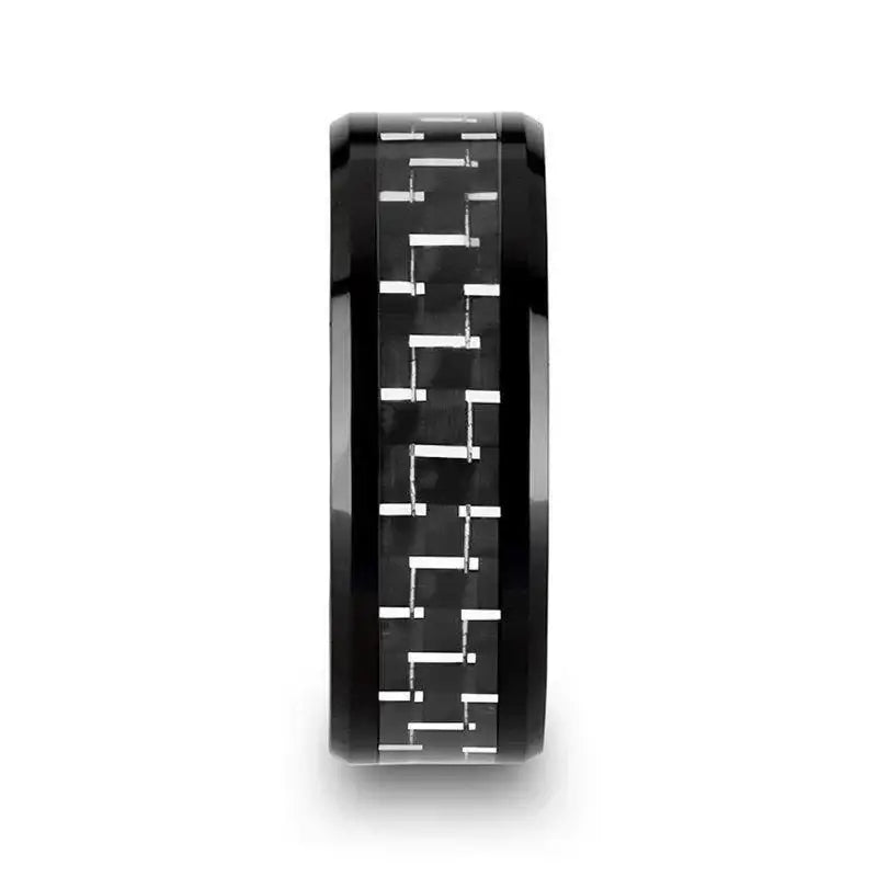 TITAN Black Beveled Ceramic Ring with Silver & Black Carbon Fiber Inlay - 8mm