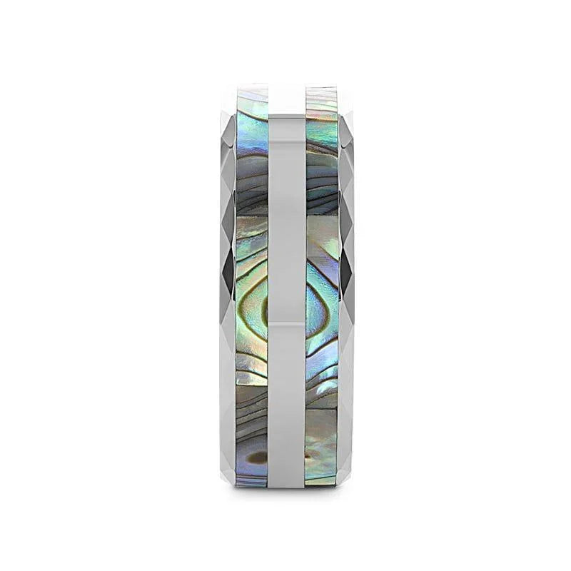 PAUA Double Mother of Pearl Shell Inlay Faceted Tungsten Ring With Beveled Polished Edges - 8mm