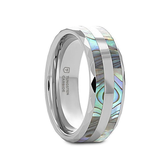 PAUA Double Mother of Pearl Shell Inlay Faceted Tungsten Ring With Beveled Polished Edges - 8mm