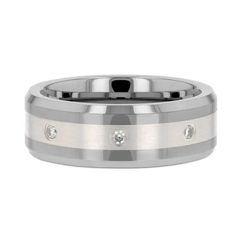 STAFFORD Silver Inlaid Beveled Tungsten Diamond Wedding Band - 8mm