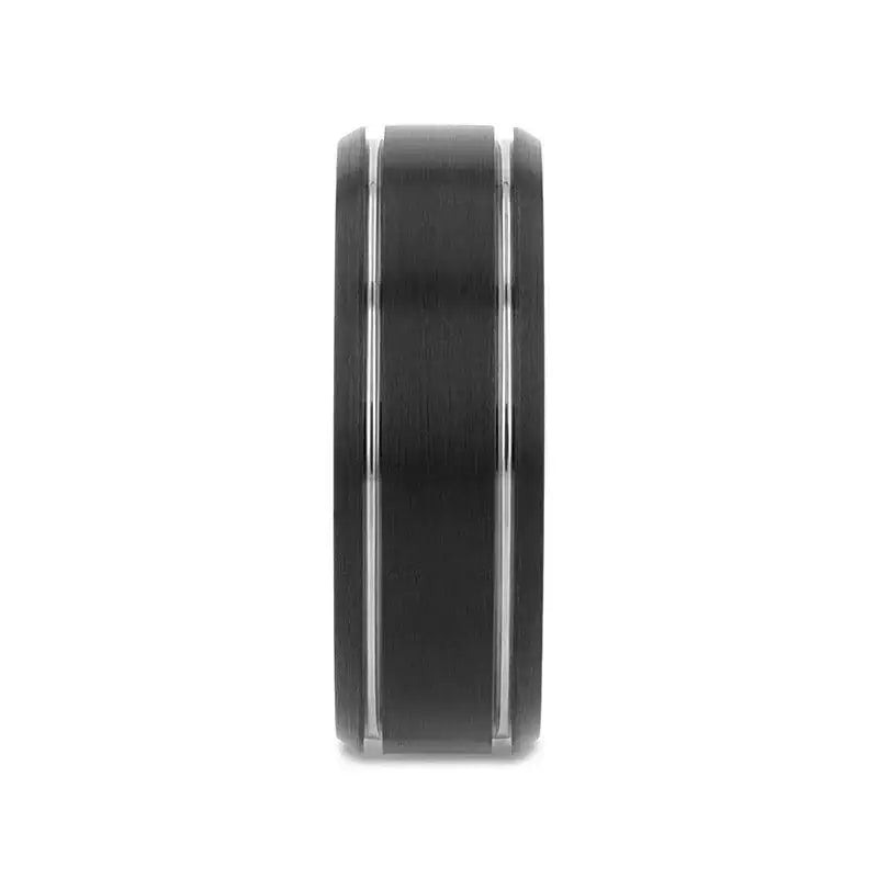 NOCTURNE Black Beveled Tungsten Carbide Band with Polished Grooves and Brushed Finish - 6mm or 8mm