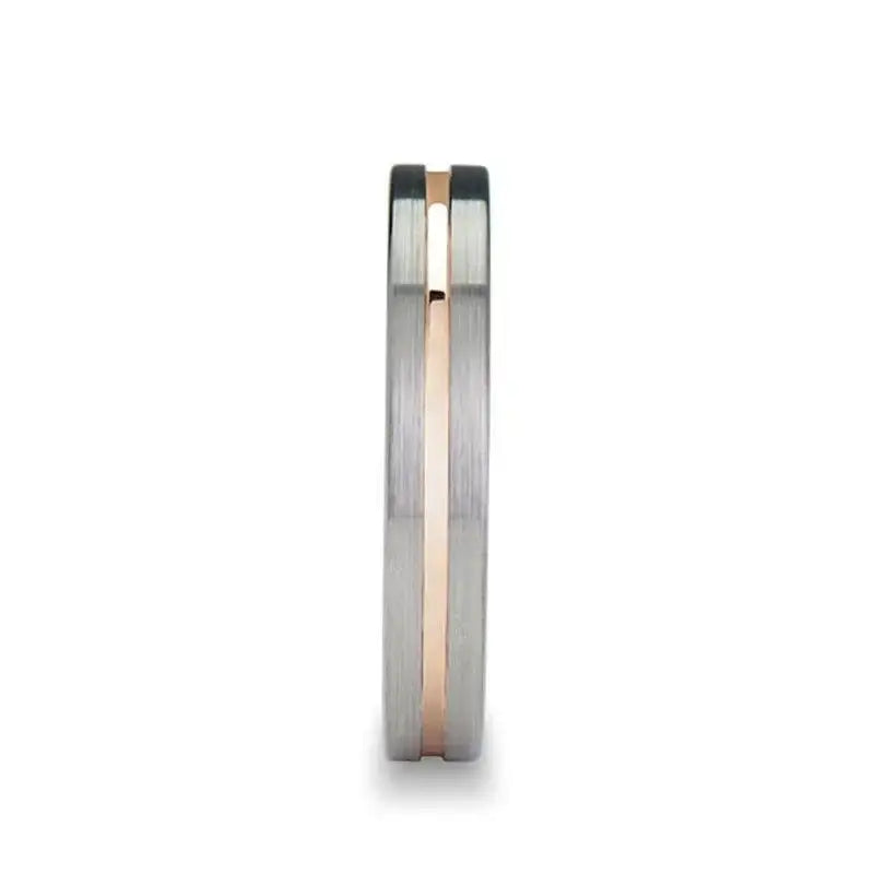 ZENA Flat Brushed Tungsten Ring with Rose Gold Channel — 4mm & 6mm