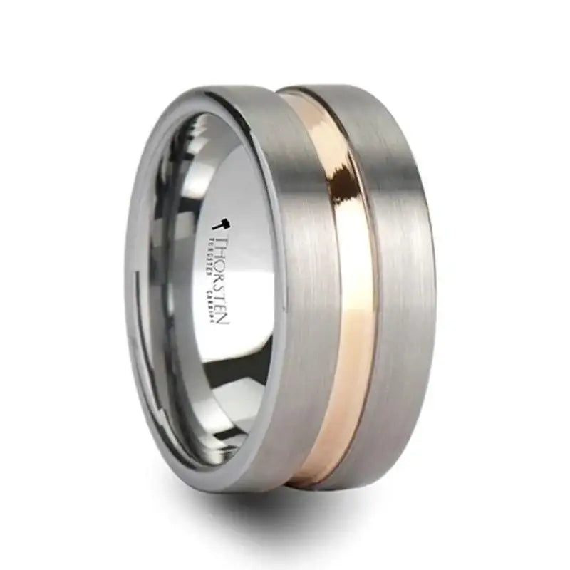 ZENITH Extra Wide Flat Brushed Tungsten Ring with Rose Gold Channel – 10mm