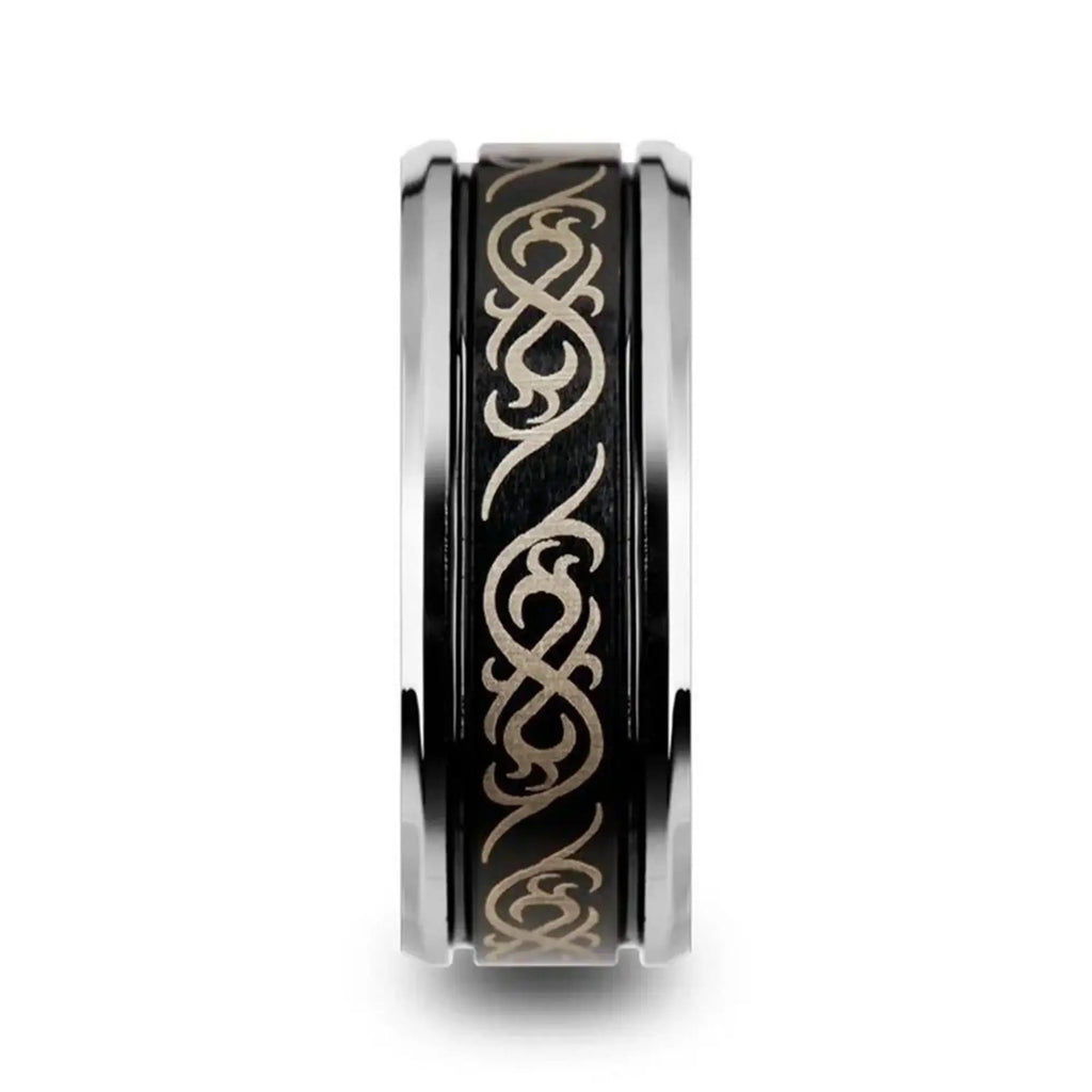 RAIZEN Tungsten Carbide Wedding Ring with Dual Offset Grooves and Laser Engraved Celtic Pattern Polished and Beveled Edges - 8mm