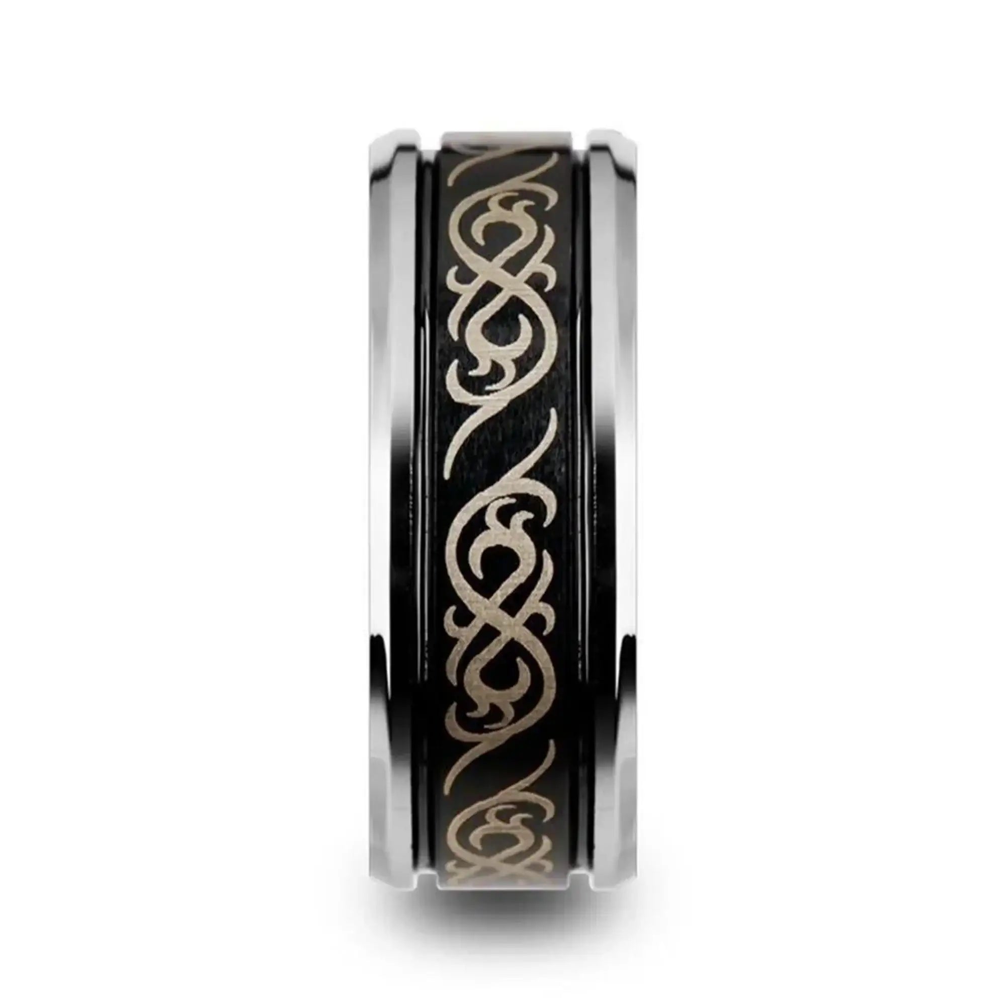 RAIZEN Tungsten Carbide Wedding Ring with Dual Offset Grooves and Laser Engraved Celtic Pattern Polished and Beveled Edges - 8mm