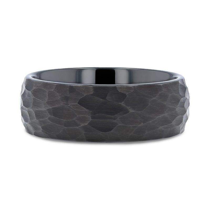RENEGADE Domed Hammered Black Tungsten Carbide Wedding Band, Brushed Finish – 6mm or 8mm