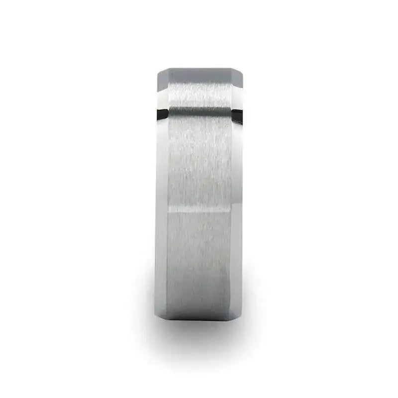STERLING Square Shape White Tungsten Ring with Brushed Center, 8mm