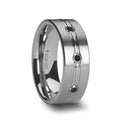 ROYALE Satin Finished Tungsten Ring with Polished Grooved Center and Triple Black Diamonds - 8mm