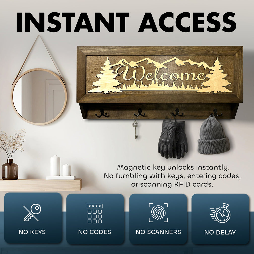 Mountain Scene Welcome Concealment Decor - Handcrafted Wooden Gun Cabinets - Gun Shelf Hidden Storage for Rifles, Shotguns, & Handguns - Quick Access Hidden Wall Safe