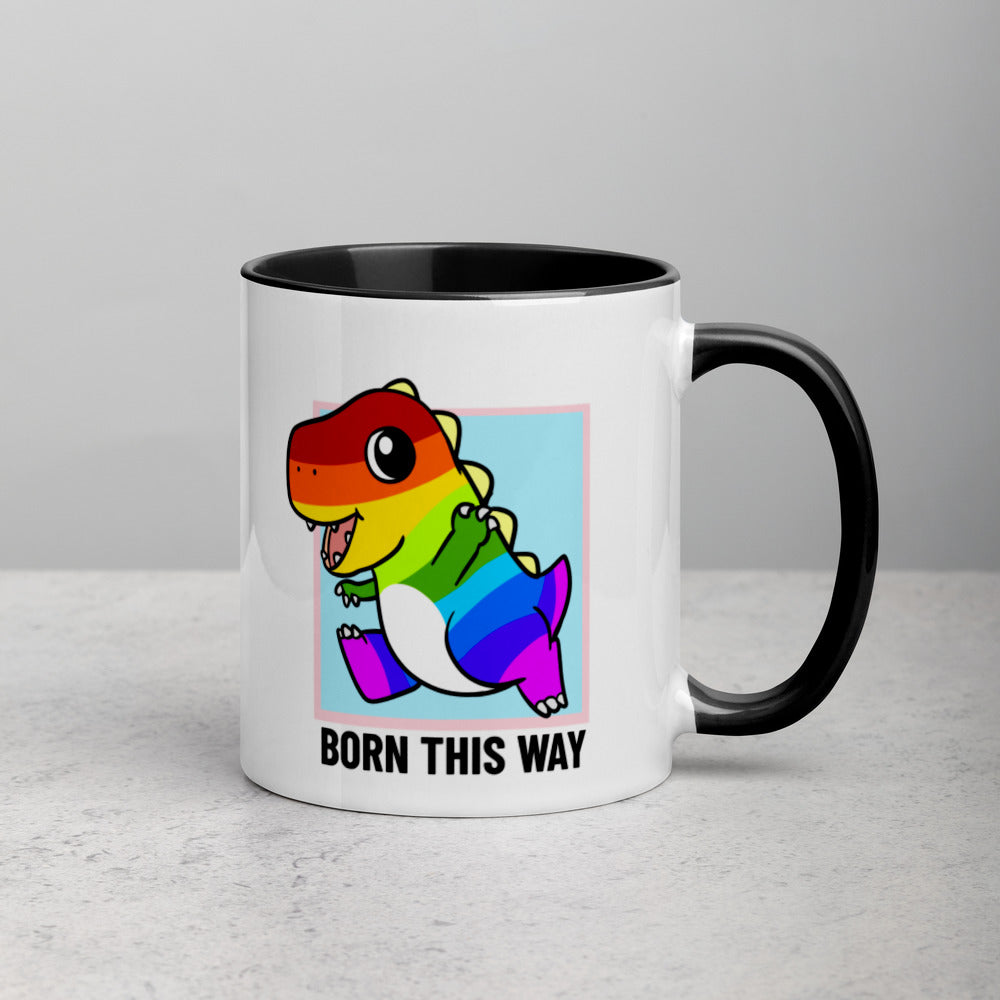 Born This Way LGBT Pride Cartoon Porcupine and Dinosaur Mug with Color Inside