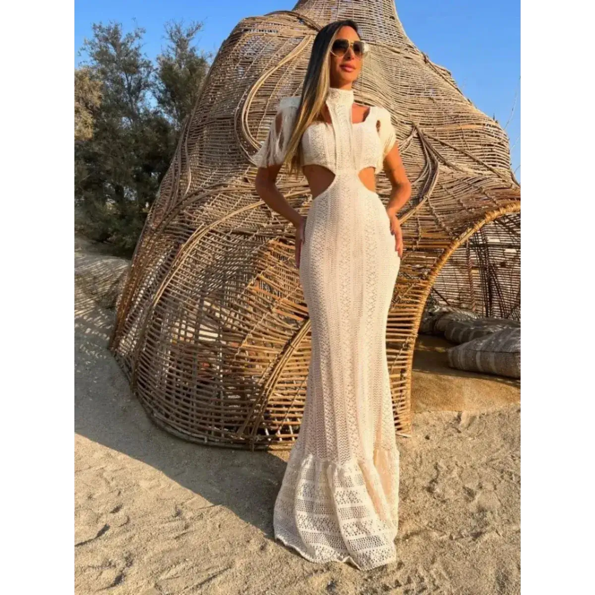 White Lace Turtleneck Dress: Sexy Slim Fit with Tassel Sleeves