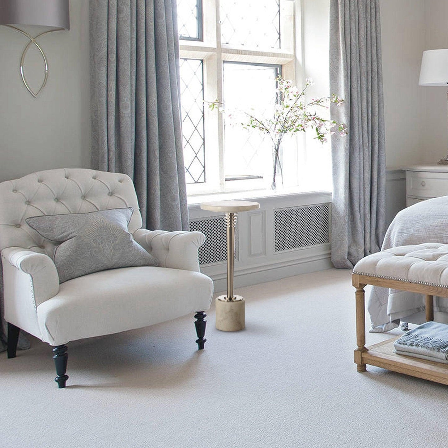 White Marble & Metal Table with Pedestal Base