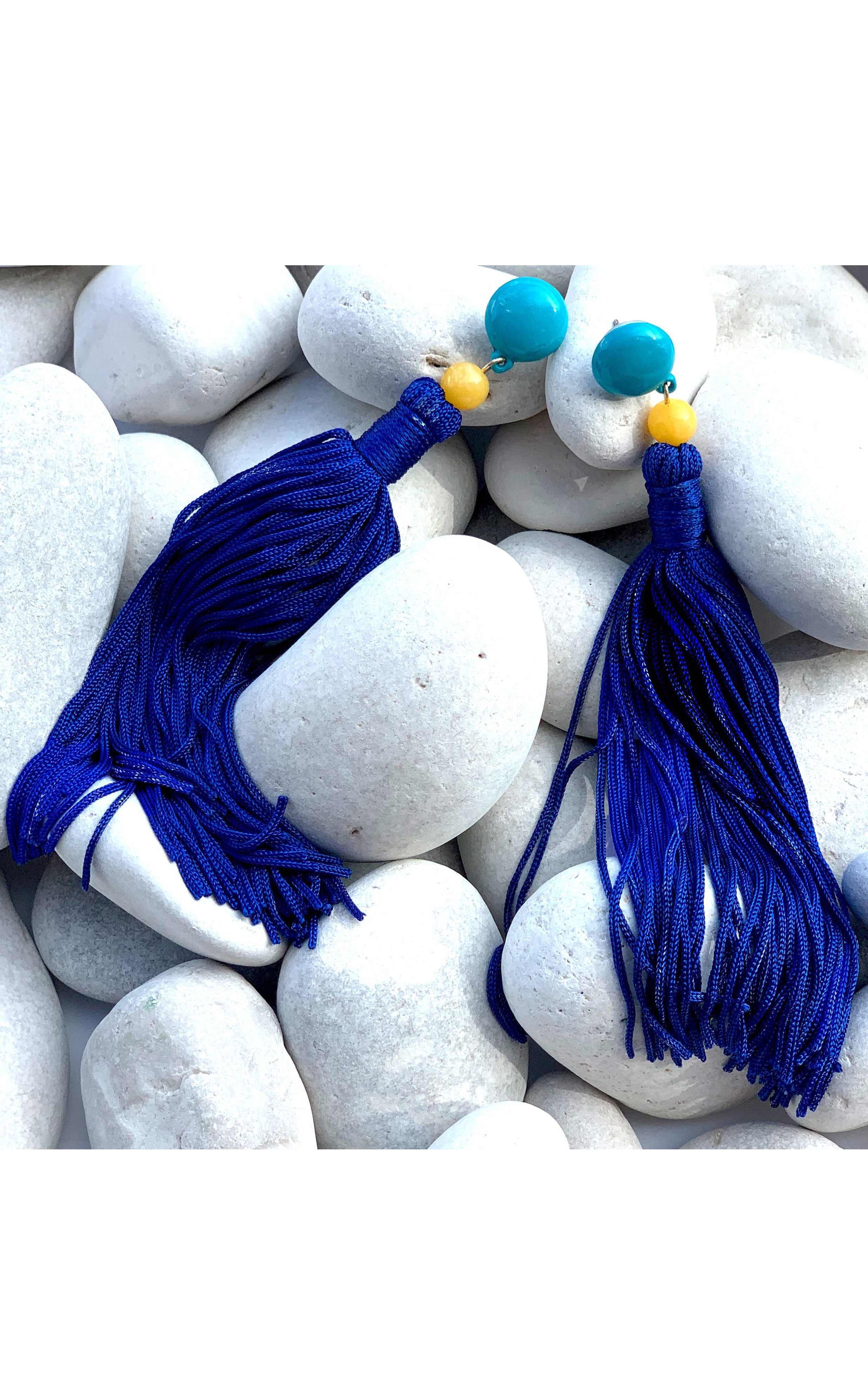 Earring: Long Tassel Earrings in Red, Royal Blue and Neon Pink