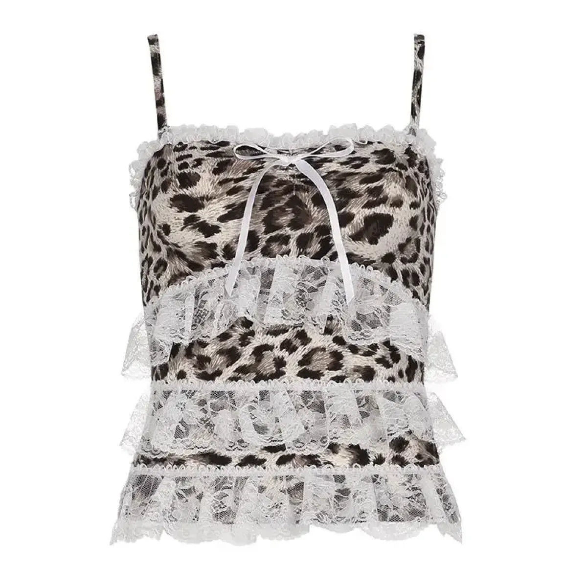 Leopard Print Lace Ruffle Tank Top – Y2K Coquette Cropped Camisole