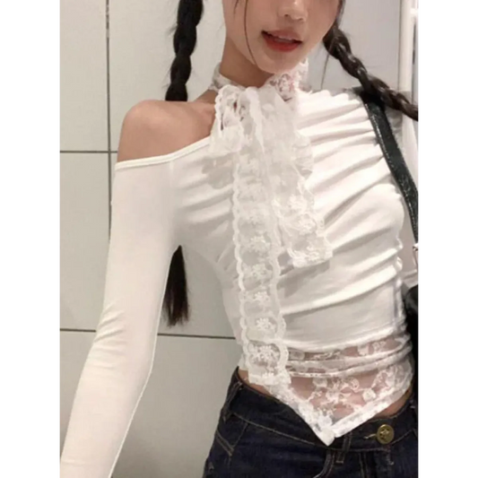 Lace Patchwork Off-Shoulder Top – Y2K Elegant Long Sleeve