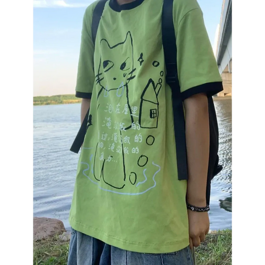 Green Harajuku Cat Print T-Shirt – Y2K Fairycore Grunge Tee