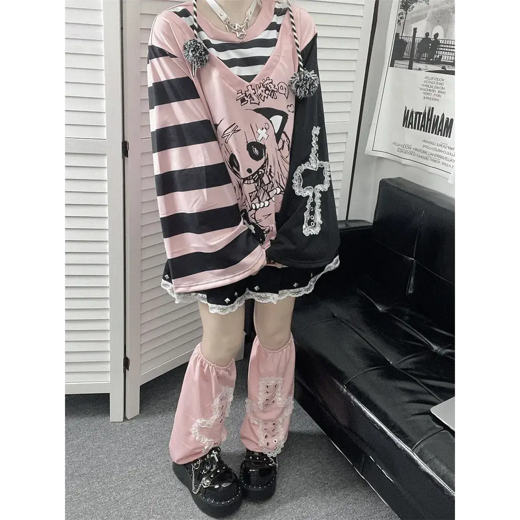 Y2K Japanese Cartoon T-Shirt – Loose Grunge Fairycore Kawaii Top