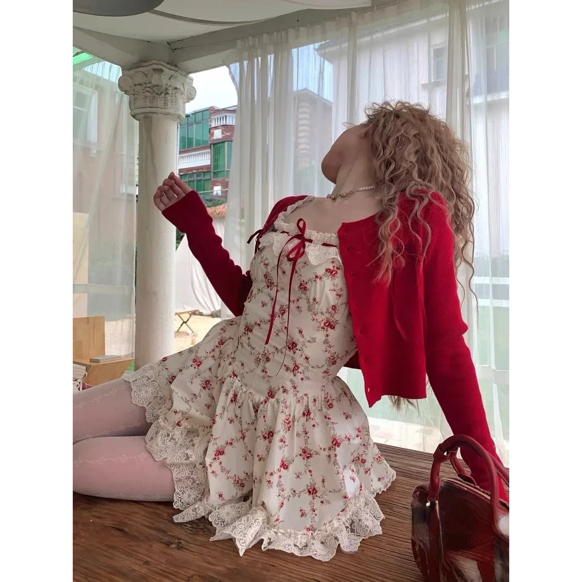 Sweet Lolita Floral Lace Mini Dress Set – Y2K Red Cardigan Suit