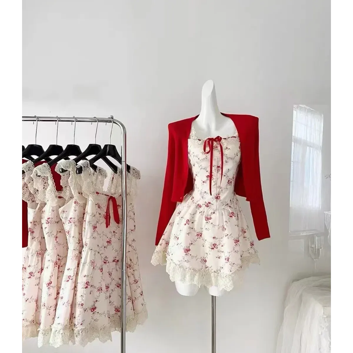 Sweet Lolita Floral Lace Mini Dress Set – Y2K Red Cardigan Suit