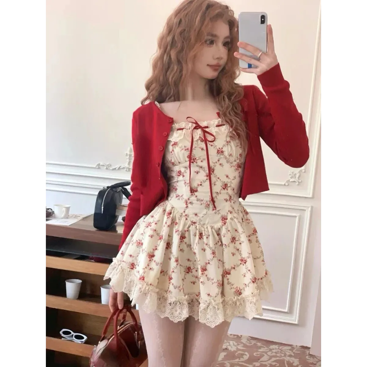 Sweet Lolita Floral Lace Mini Dress Set – Y2K Red Cardigan Suit