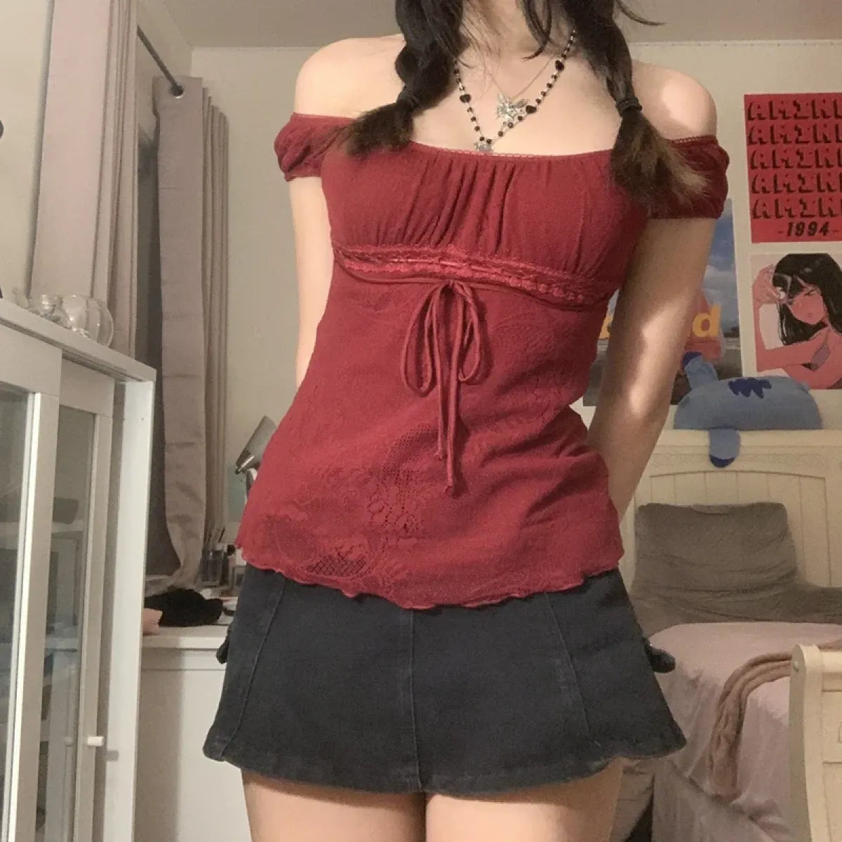 Red Square Collar Crop Top - Y2K Vintage Fairy Grunge Tee