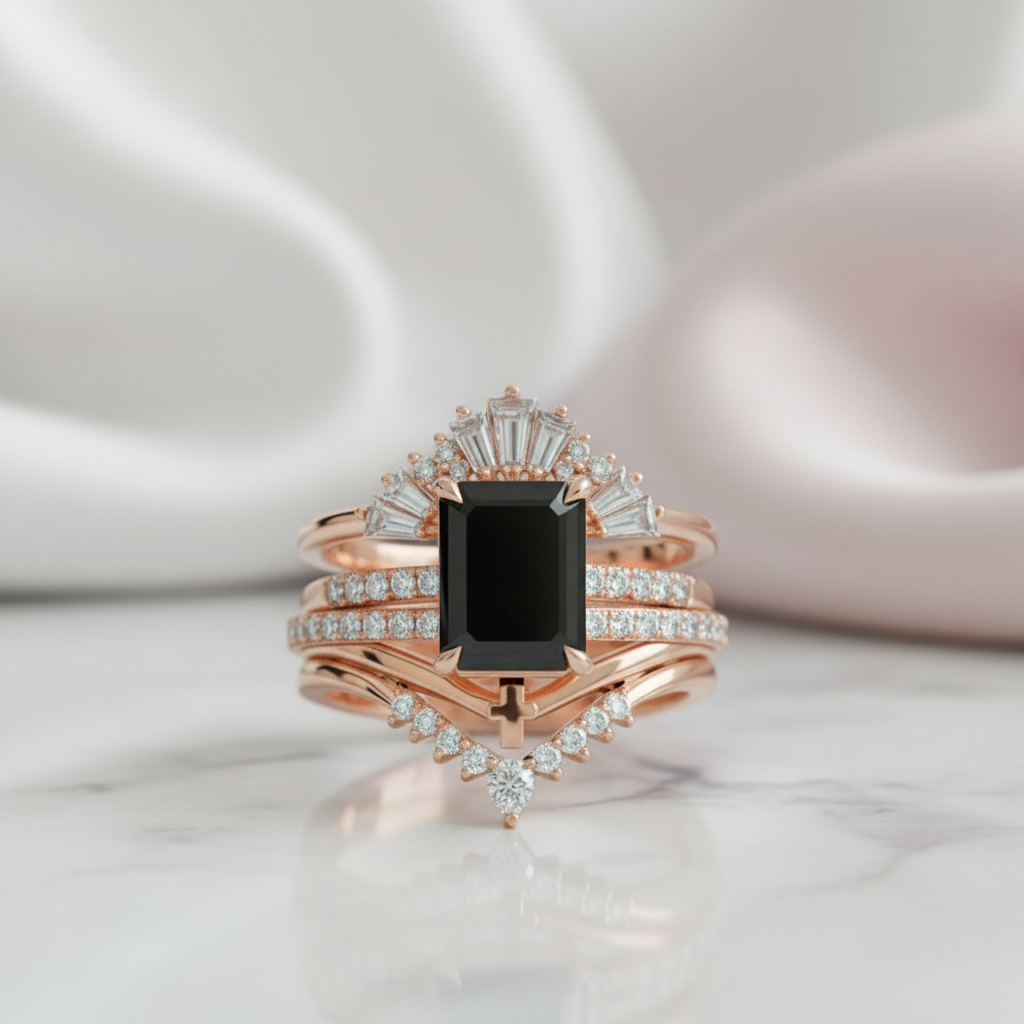You Are Worth It- Black Emerald Cut Diamond Option Gothic Promise Ring Set