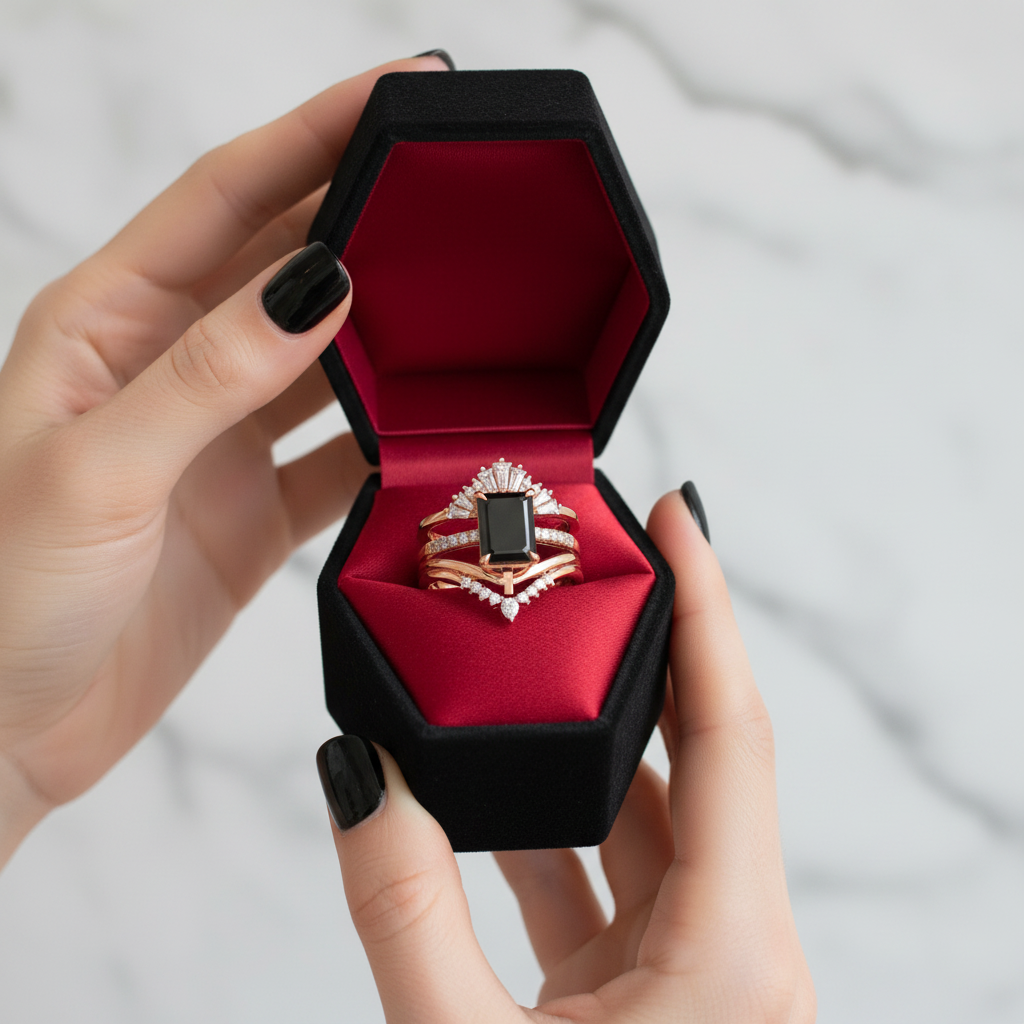 You Are Worth It- Black Emerald Cut Diamond Option Gothic Promise Ring Set