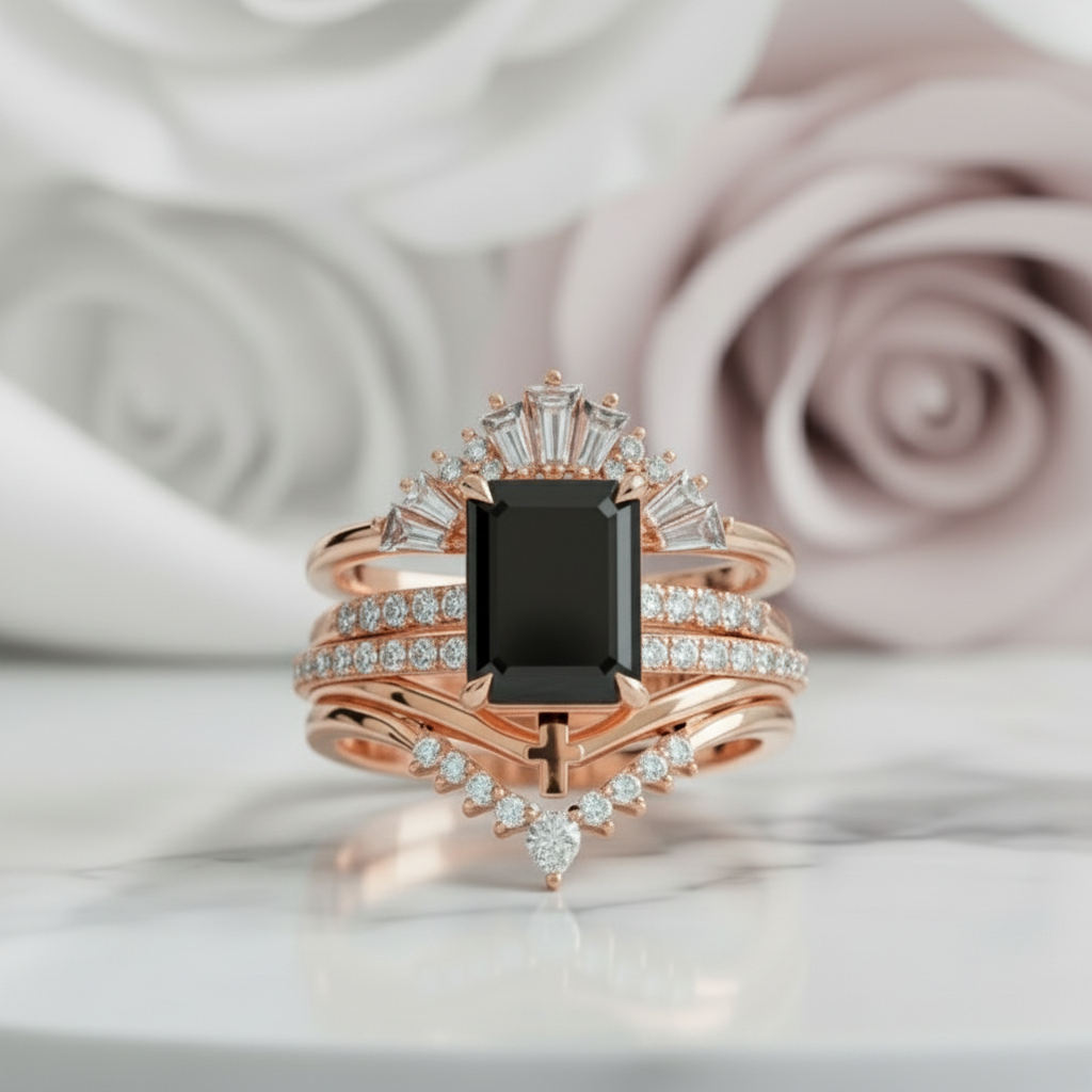 You Are Worth It- Black Emerald Cut Diamond Option Gothic Promise Ring Set