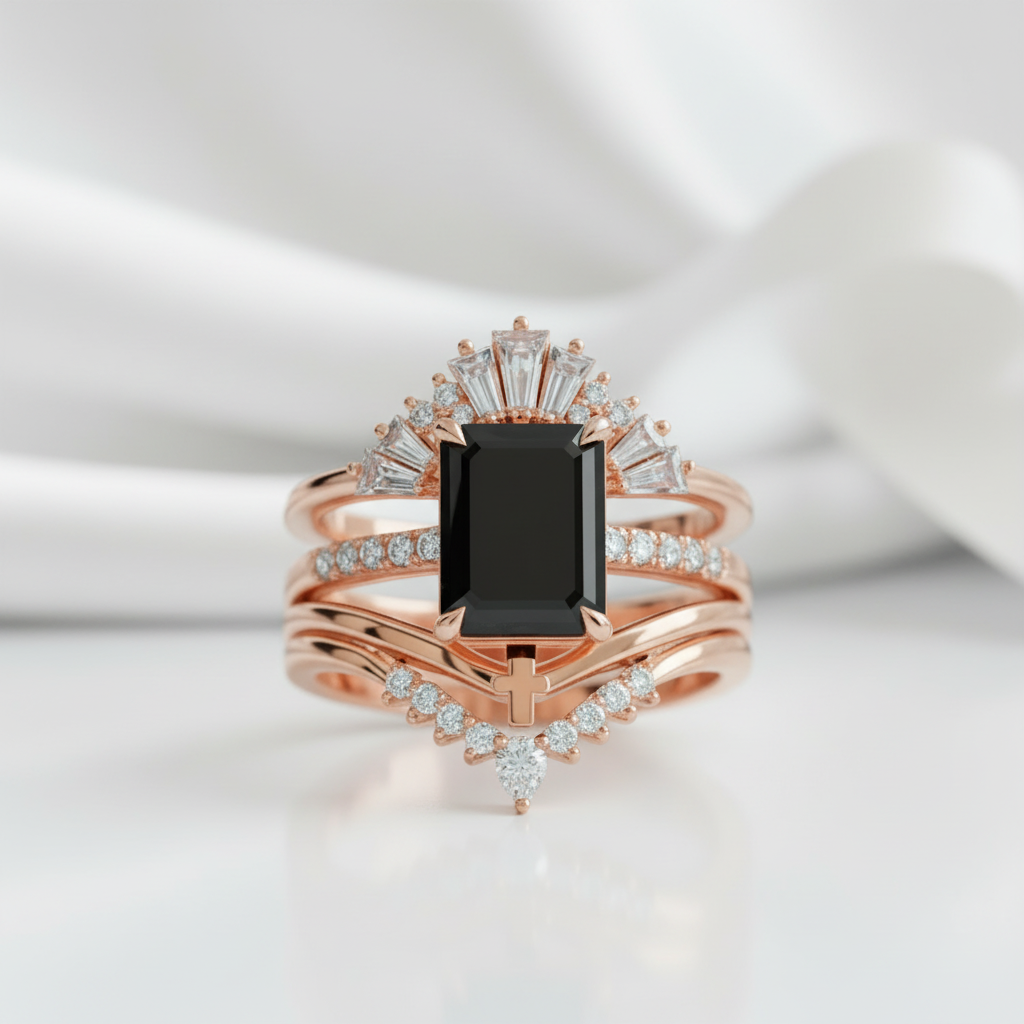 You Are Worth It- Black Emerald Cut Diamond Option Gothic Promise Ring Set