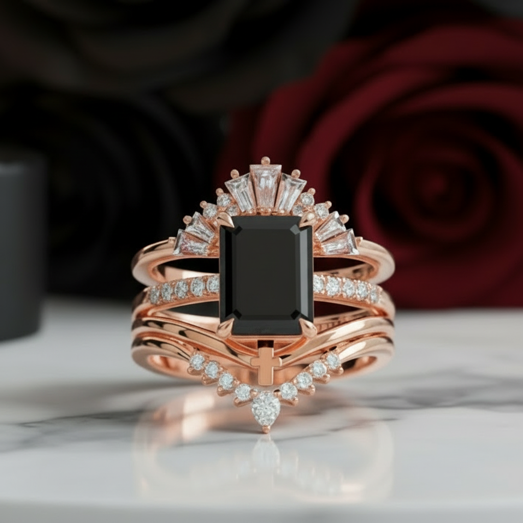 You Are Worth It- Black Emerald Cut Diamond Option Gothic Promise Ring Set