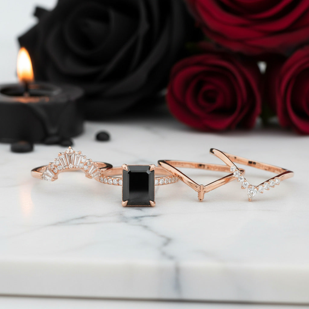 You Are Worth It- Black Emerald Cut Diamond Option Gothic Promise Ring Set