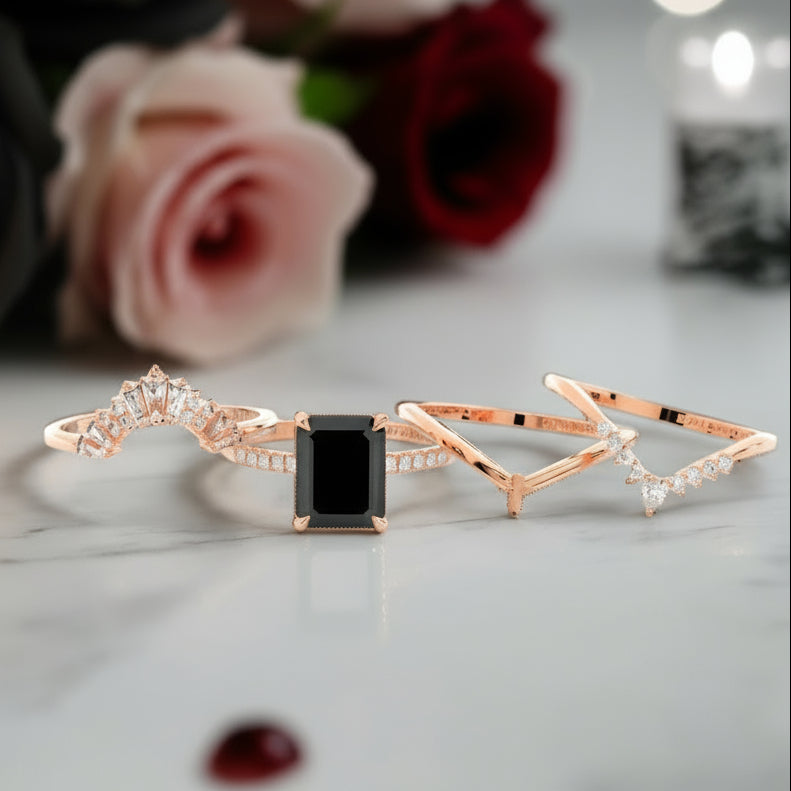 You Are Worth It- Black Emerald Cut Diamond Option Gothic Promise Ring Set