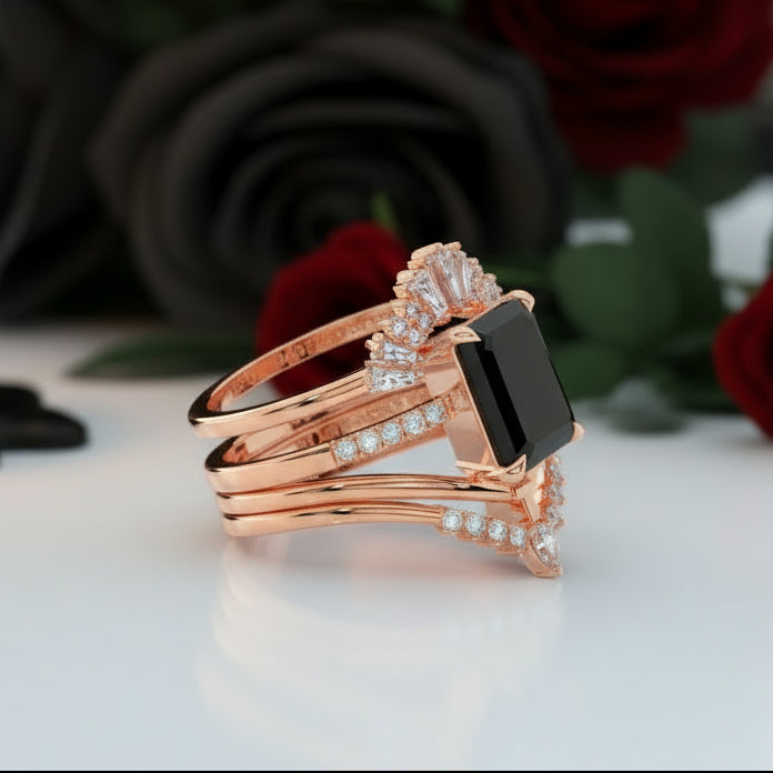 You Are Worth It- Black Emerald Cut Diamond Option Gothic Promise Ring Set