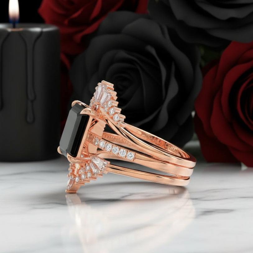 You Are Worth It- Black Emerald Cut Diamond Option Gothic Promise Ring Set