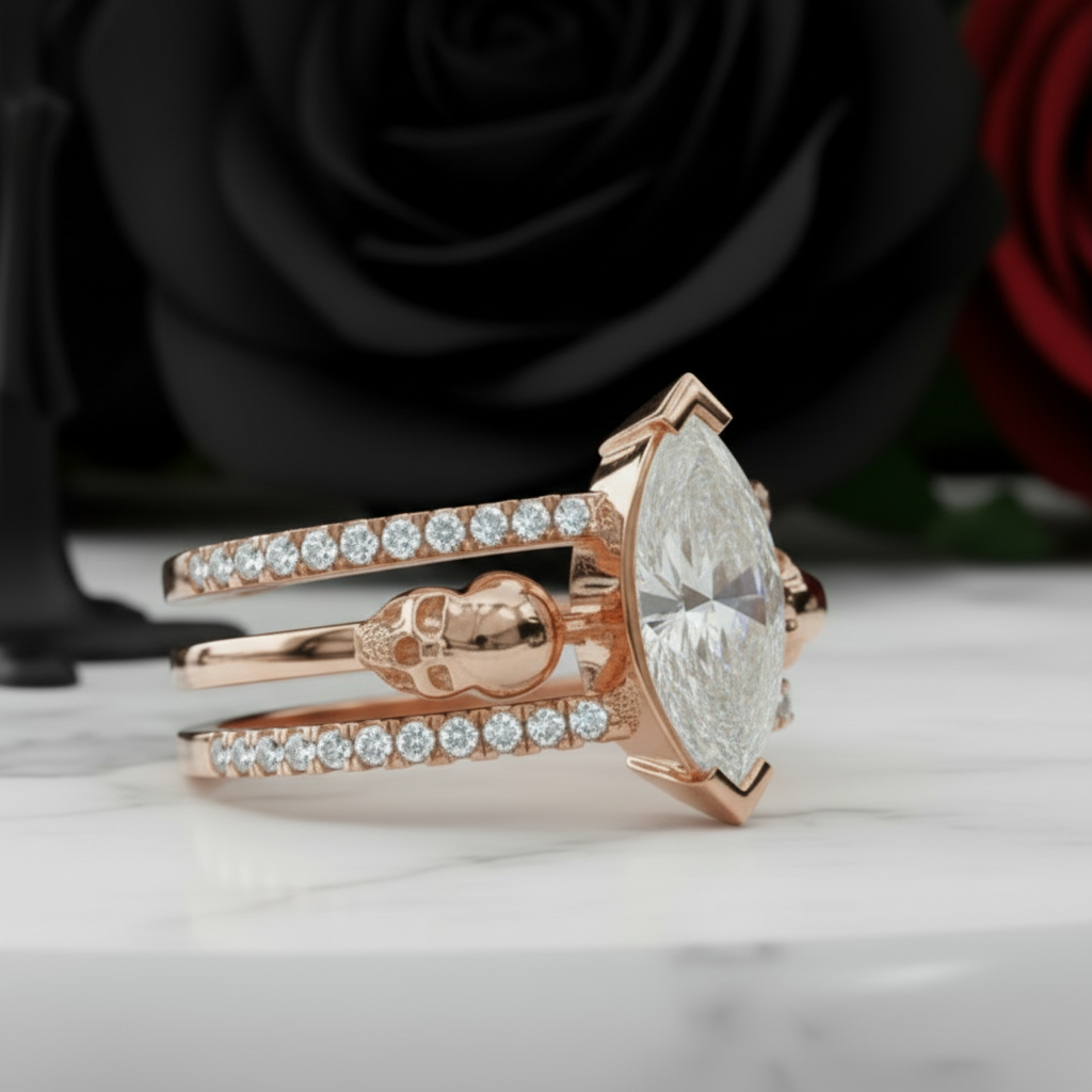 You & Me Rings- 14K Rose Gold Gothic Wedding Rings