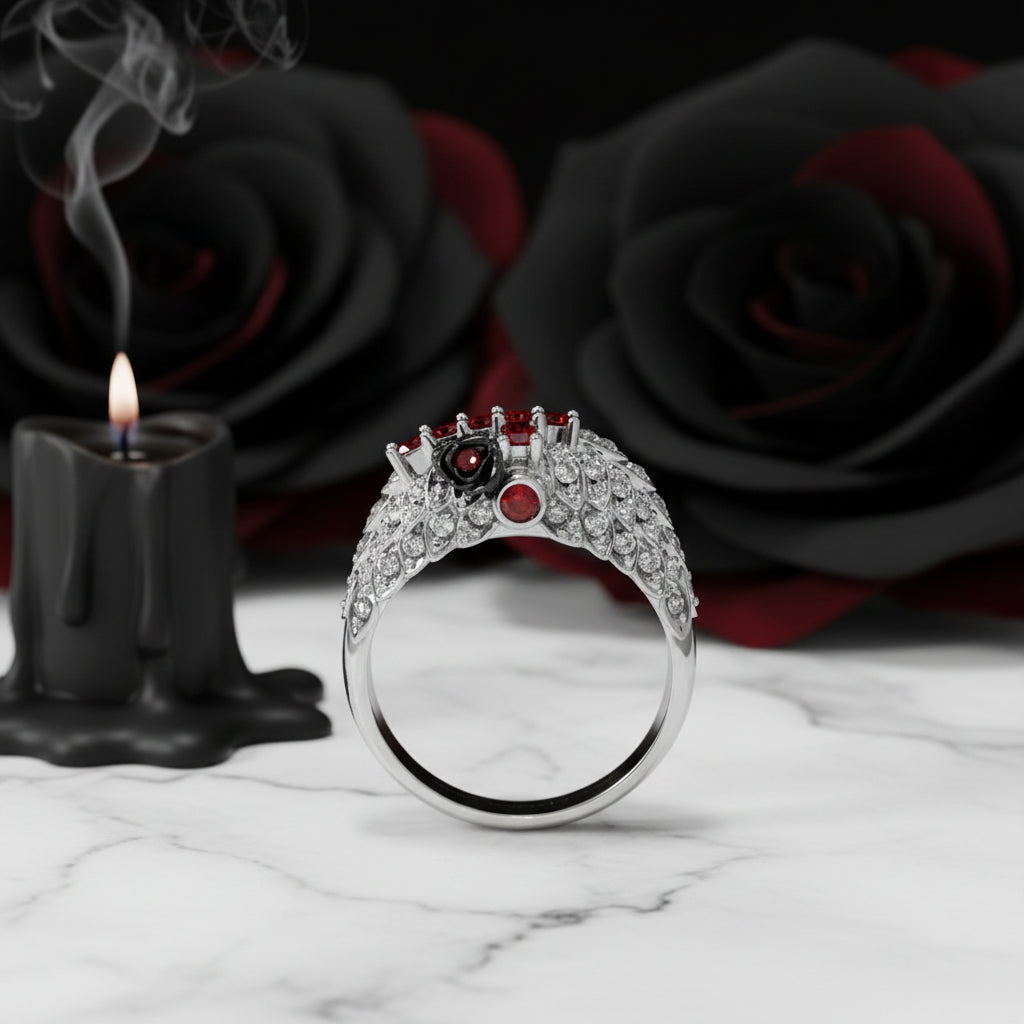 You're My Life- 14K Gold Skull, Cross Black Rose Diamond Option Gothic Promise Ring