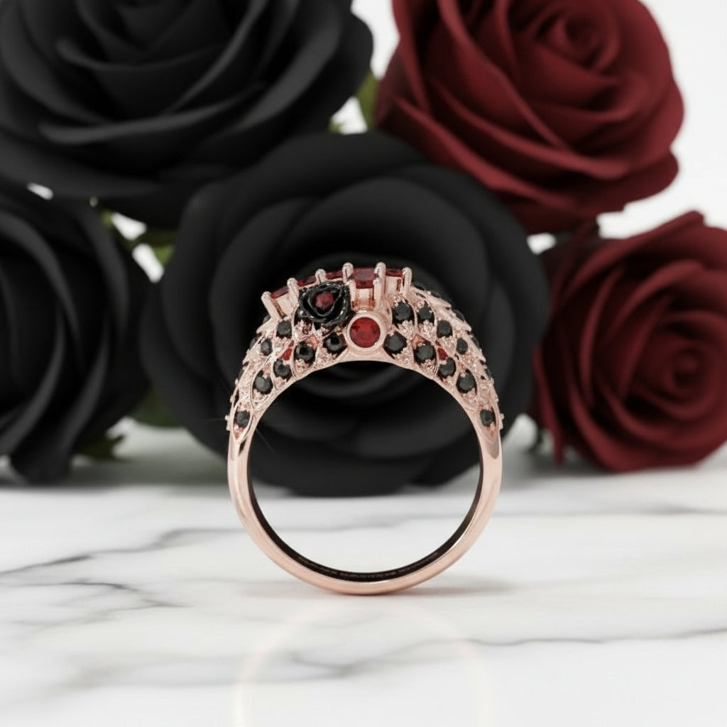 You're My Life- 14K Gold Skull, Cross Black Rose Diamond Option Gothic Promise Ring