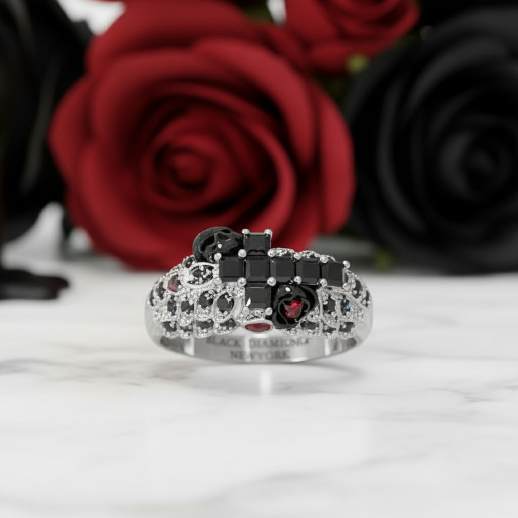 You're My Life- 14K Gold Skull, Cross Black Rose Diamond Option Gothic Promise Ring