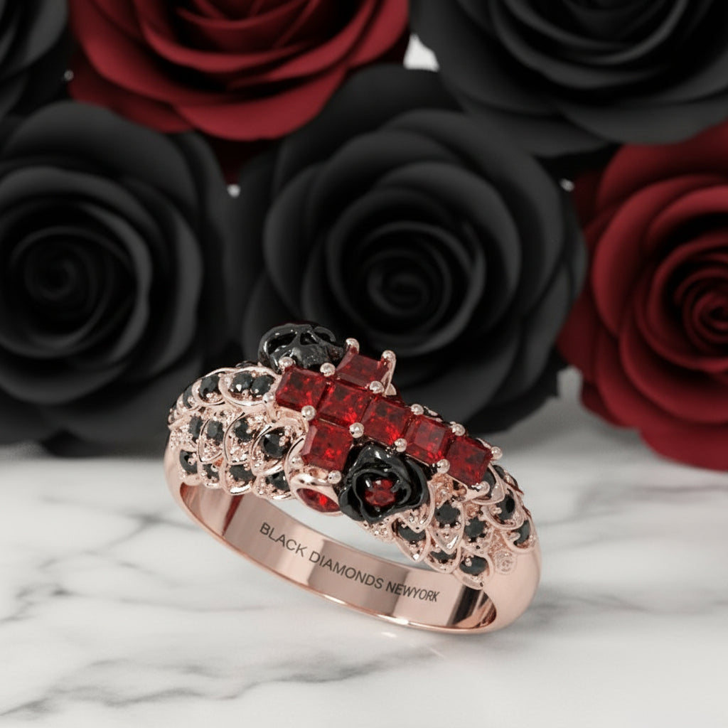 You're My Life- 14K Gold Skull, Cross Black Rose Diamond Option Gothic Promise Ring