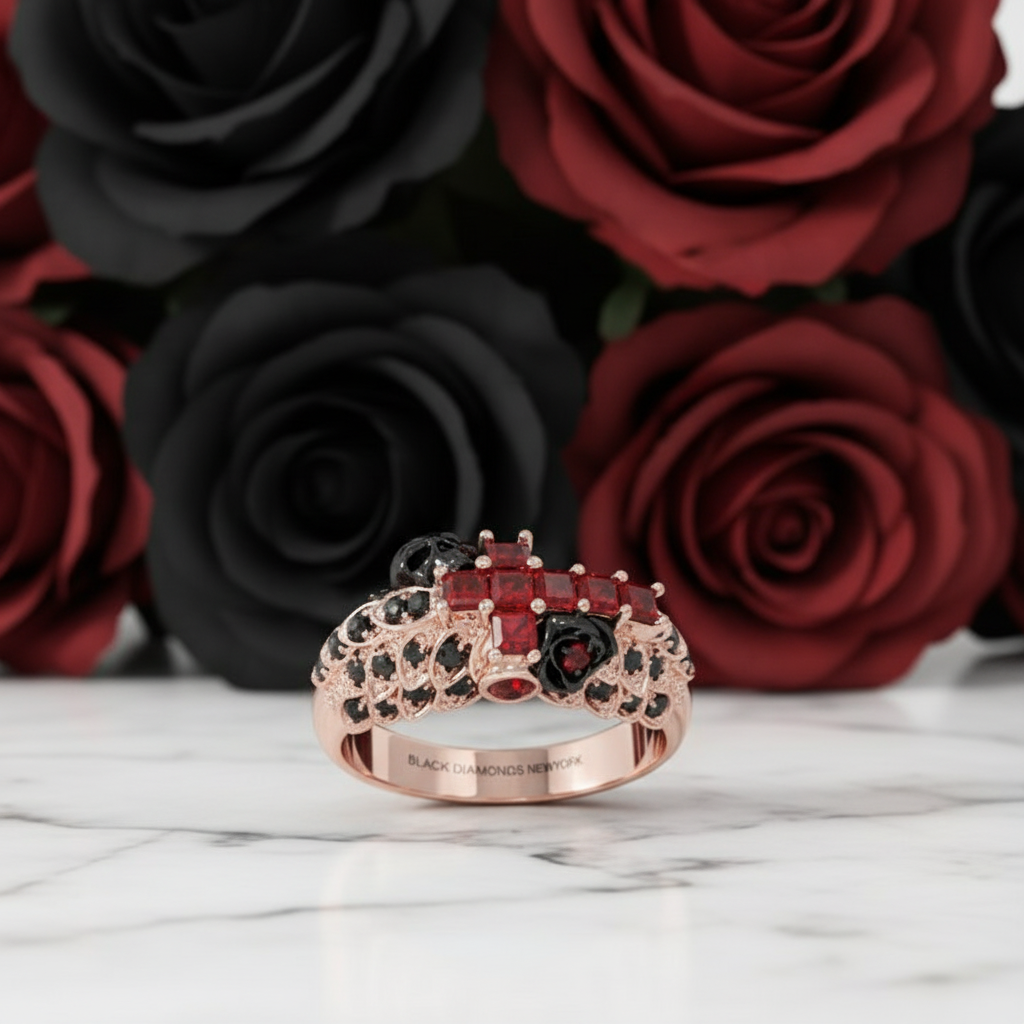 You're My Life- 14K Gold Skull, Cross Black Rose Diamond Option Gothic Promise Ring