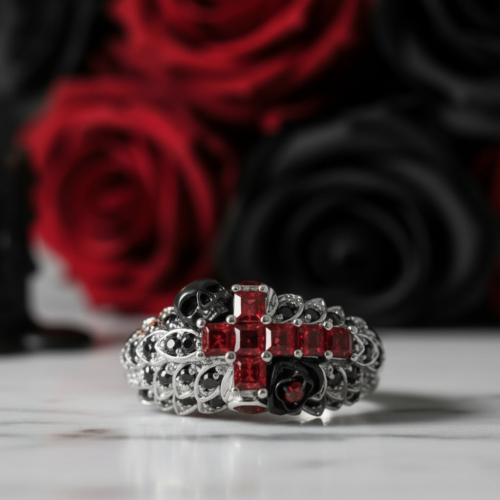 You're My Life- 14K Gold Skull, Cross Black Rose Diamond Option Gothic Promise Ring