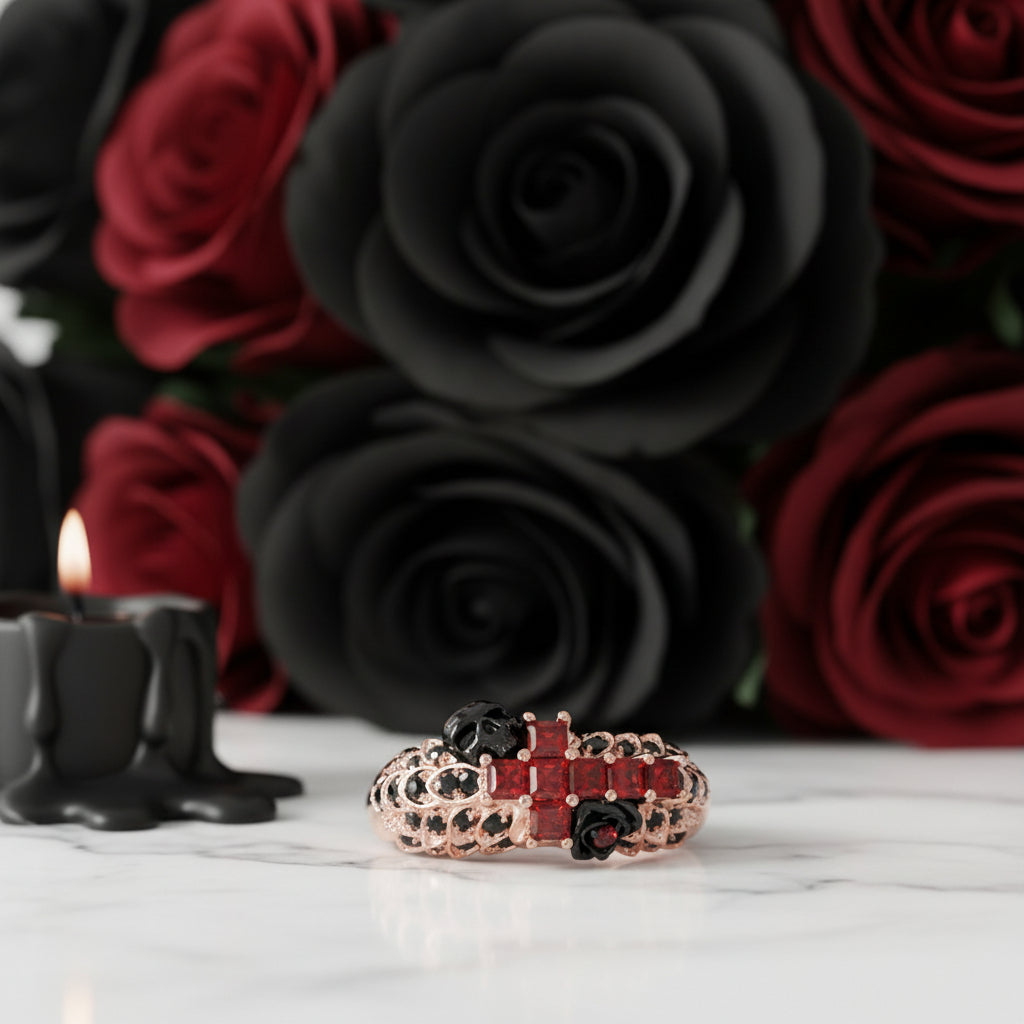 You're My Life- 14K Gold Skull, Cross Black Rose Diamond Option Gothic Promise Ring