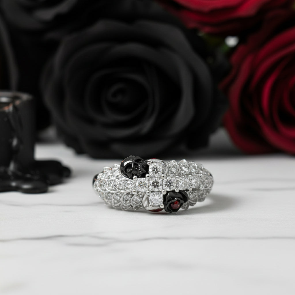 You're My Life- 14K Gold Skull, Cross Black Rose Diamond Option Gothic Promise Ring