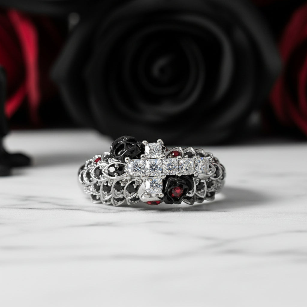 You're My Life- 14K Gold Skull, Cross Black Rose Diamond Option Gothic Promise Ring