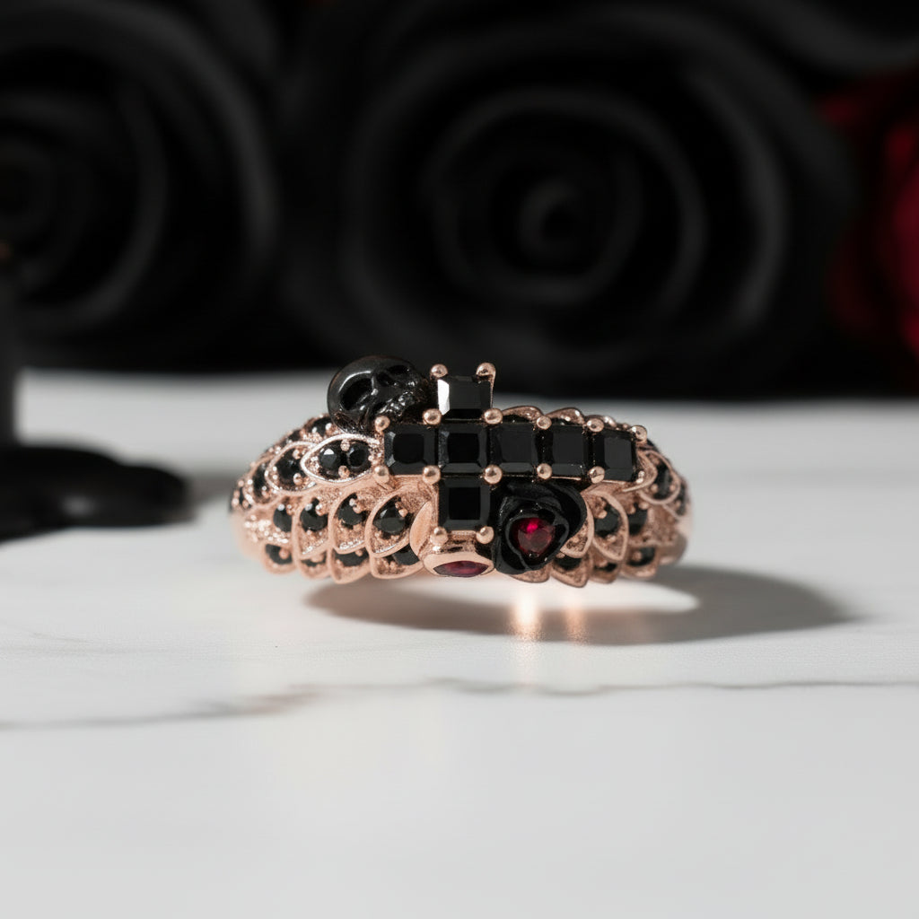You're My Life- 14K Gold Skull, Cross Black Rose Diamond Option Gothic Promise Ring