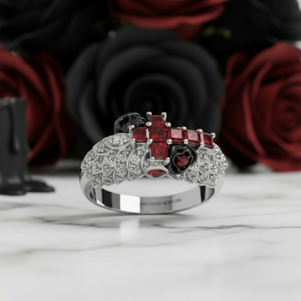 You're My Life- 14K Gold Skull, Cross Black Rose Diamond Option Gothic Promise Ring